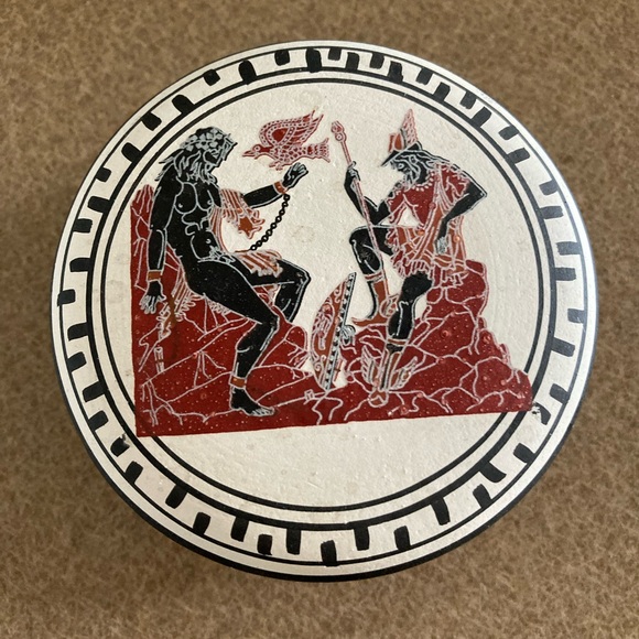 Greek Gods Pottery Trinket Jewelry Box, Round, Black and Red/Burgundy - Picture 4 of 8